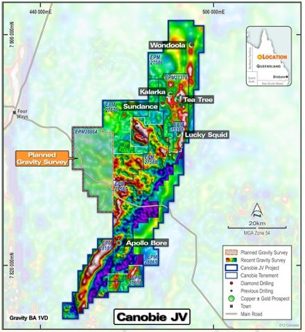 Canobie Project area showing the location of the upcoming gravity survey